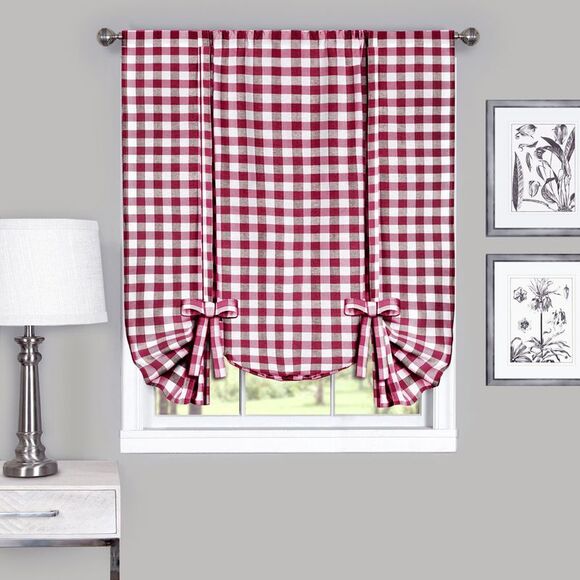 Buffalo Burgundy Plaid Modern Window Curtain Panel : 42" x 63" Tie Up Shade - - Picture 3 of 4